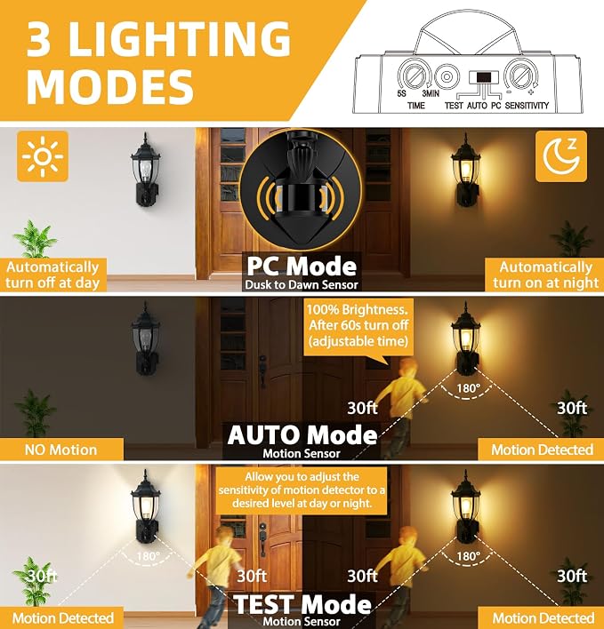 2 Pack Porch Lights with Outlet, Motion Sensor Outdoor Lights, Updated Dusk to Dawn Exterior Lighting Fixtures, Waterproof Anti-Rust Aluminum Outside Light for House Entryway Garage, Black
