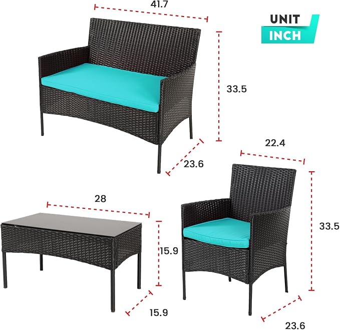 4 Pieces Conversation Set Modular Outdoor Furniture Set Water Resistant Patio Wicker Furniture Set with 3 Rattan Chairs 1 Tempered Glass Topped Table Seat Cushions for Patio Balcony Poolside, Blue