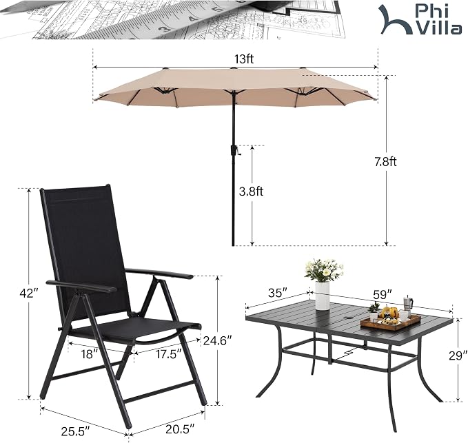 PHI VILLA Patio Dining Set with Umbrella, Outdoor Dining Set with 6 Adjustable Adjustable Folding Chairs(Black) & Beige Patio Umbrella for Backyard Deck Garden (No Umbrella Base)