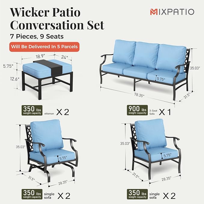 MIXPATIO Patio Furniture Set 7 pcs, Outdoor Patio Furniture, 3-Seat Sofa, 2 Single Chairs, 2 Rocking Chairs, 2 Ottomans and 5.75" Extra Thick Cushion, Patio Conversation Set for Backyard Deck,Blue