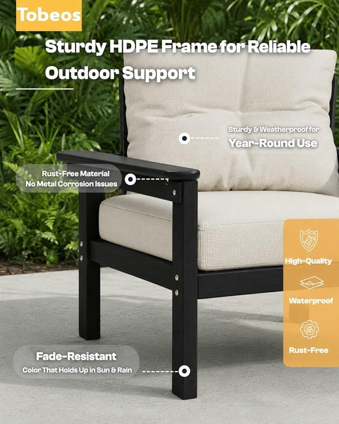 HDPE 3 Piece Patio Furniture Set, All-Weather Outdoor Couch Set with Thick Cushions, Patio Conversation Sets for Lawn, Garden, Porch, Balcony, Deck, Poolside, Black Frame Beige Cushion