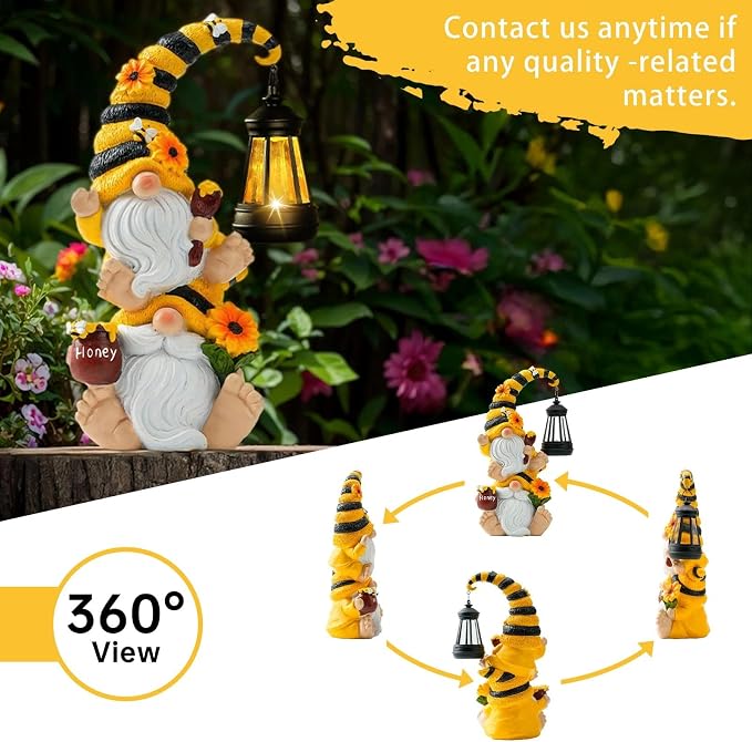 Solar Bee Garden Gnomes with LED Lantern, 12.2-Inch Outdoor Statue | Weather-resistant resin decor for yard, patio, lawn, porch, balcony; gift for women, moms, grandmas, bee and gnome lovers