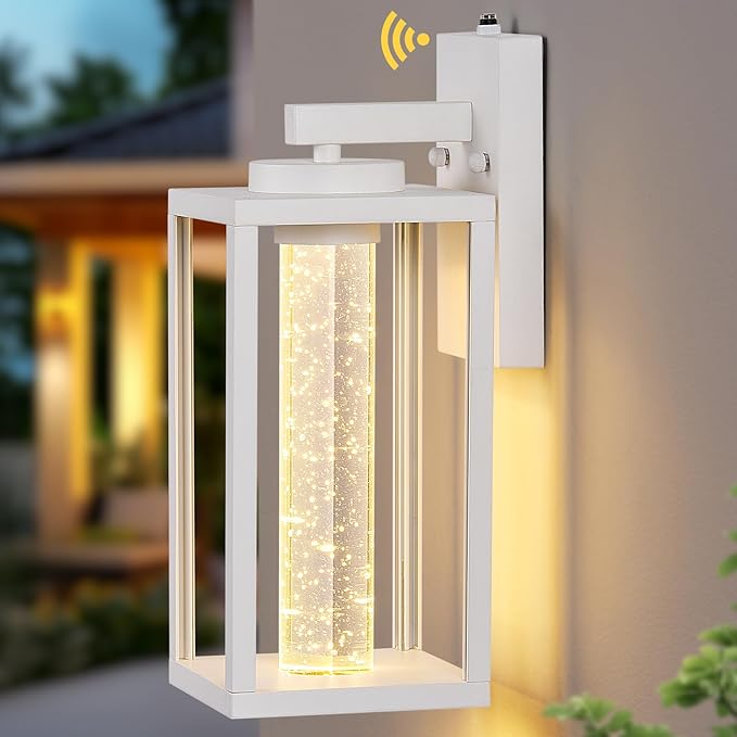 VIANIS White Porch Lights Outdoor, Large Exterior Sconce Lighting for House with Integrated 10W LED Light Source, 100% Aluminum Exterior Light Fixture Wall Mount for Garage with Crystal Bubble Glass
