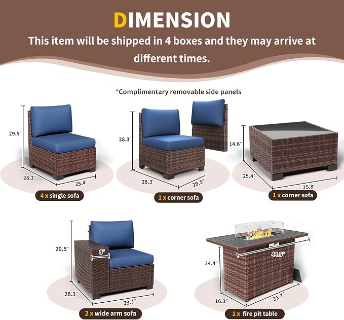 Patio Furniture with Fire Pit Table,8‘’ Wide armrest Outdoor Sectional Rattan Sofa Set, Wicker Patio Furniture Sets w/Coffee Table,Thick Cushions and Cover for Porch,Deck, 9PC(Brown&Navy)