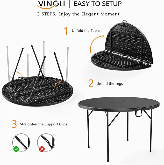 VINGLI Black 48" Round Bi-Folding Commercial Table, 4 Feet Portable Plastic Dining Card Table for Kitchen or Outdoor Party Wedding Event, 4-Pack