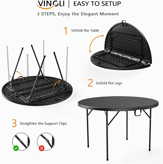 VINGLI Black 48" Round Bi-Folding Commercial Table, 4 Feet Portable Plastic Dining Card Table for Kitchen or Outdoor Party Wedding Event, 2-Pack