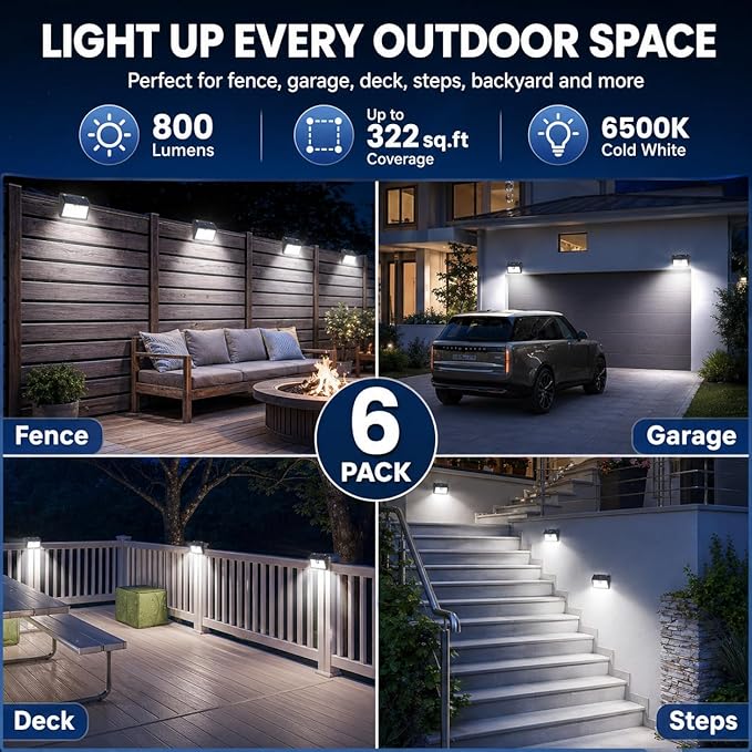 [6 Packs] Solar Motion Sensor Outdoor Lights, Super Bright Solar Lights Outdoor Waterproof, 3 Lighting Modes Security Wall Light for Outside Walking Dog Fence Backyard Deck Garden Door Step Garage