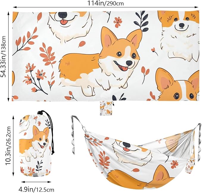 Round Rump Pup Dog Floral Pattern Outdoor Hammocks Foldable Swing Hammock for Patio Backyard Lounge Base