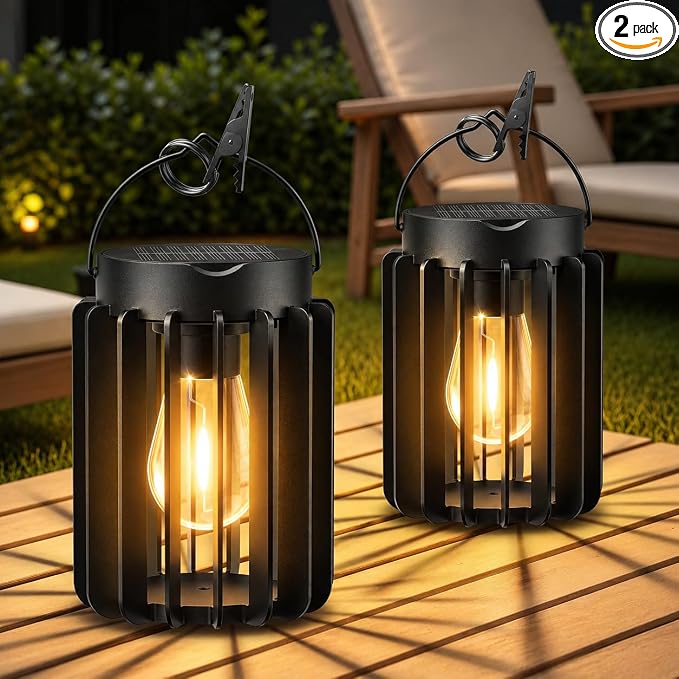 2 Pack Solar Lanterns Outdoor Waterproof, Metal Hanging Lantern, Black | 12-Hr Runtime Outdoor Solar Lantern, Auto On At Dusk, High Bright Hanging Solar Lights for Garden Porch Patio Yard Decor