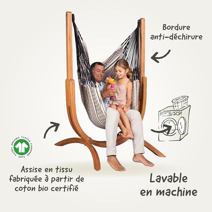LA SIESTA Udine Indoor Hammock Chair Set with freestanding Wooden Stand, Double-Size, GOTS Organic Cotton Chair with FSC-Certified Eucalyptus Wood Stand - Zebra