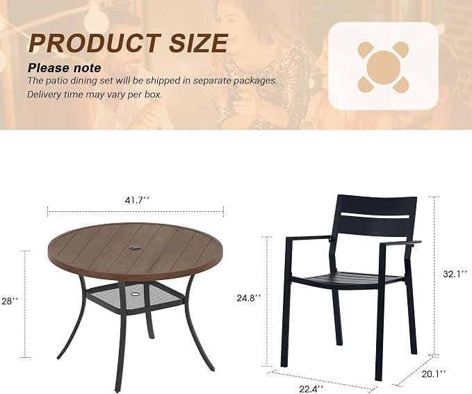 VICLLAX Patio 5 Pieces Outdoor Dining Set, Wrought Iron Metal Outdoor Table and Chairs Set, 40.6" Round Table with Umbrella Hole and 4 Stackable Chairs for Lawn, Garden, Porch, Walnut/Black