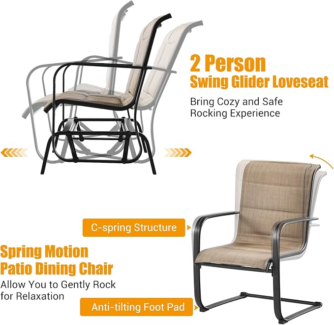 Tangkula 4 Pieces Outdoor Furniture Set, Patio Conversation Set with Coffee Table, 2-Person Swing Glider Loveseat and 2 Spring Motion Dining Chairs, Sectional Sofa Set with Cotton Padded (Brown)