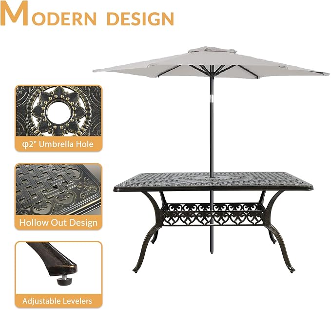 7-Piece Outdoor Patio Dining Set, 60” Rectangular Cast Aluminum Dining Table with Umbrella Hole and 6 Cushioned Swivel Rocker Chairs, Patio Funiture Set for Backyard, Patio, Garden, Red