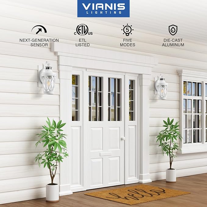 VIANIS Motion Sensor Outdoor Wall Light Fixtures, 2-Pack White Dusk to Dawn Front Porch Lights, Anti-Rust Outdoor Lanterns Wall Mount with Adjustable Sense Range, Exterior Coach Light for Garage