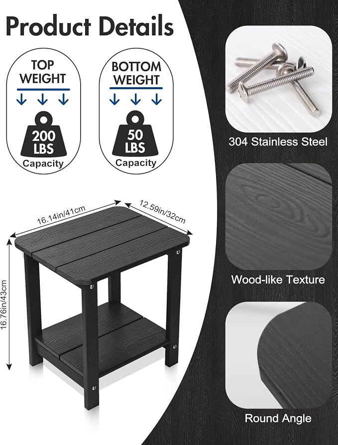 Tikea, Black Adirondack Outdoor Side Table, 16.7'' x 12.6'' x 16.7'', Weather Resistant, Double End Table for Patio, Garden, Lawn