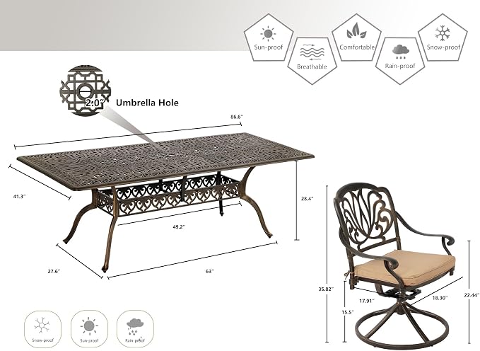 Grepatio 9 Piece Cast Aluminum Outdoor Dining Set, Patio Furniture Set with 2“ Umbrella Hole and 6 Chair & 2 Swivel Chairs with Cushions, Dining Furniture Set for Porch Poolside Garden (Khaki)