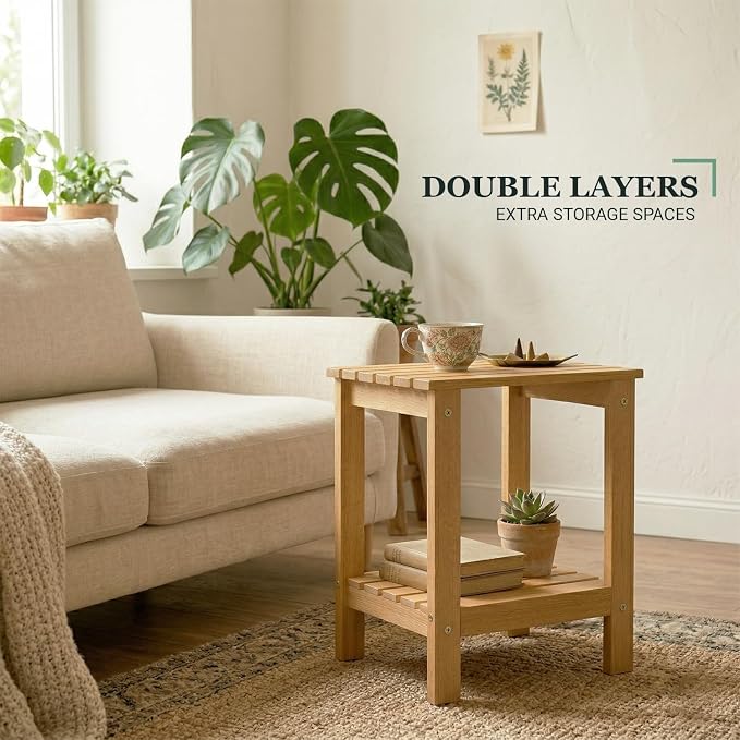 Premium 2-Tier Eucalyptus Wood Side Table with Slatted Storage Shelf, 13" x 16" x 17.5", Wooden Accent Table for Living Room, Entryway or Bedside (Golden)
