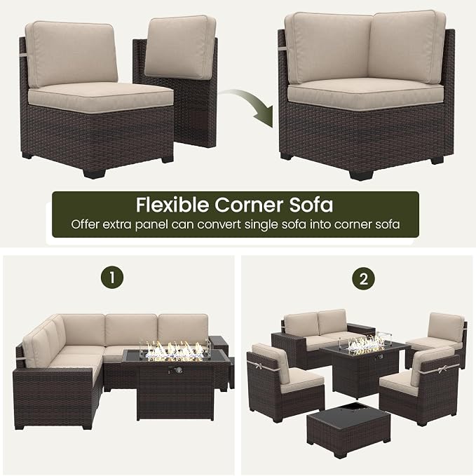 LayinSun 7 Pieces Outdoor Patio Furniture Set with 44" Fire Pit Table Brown Rattan Sectional Sofa Conversation Sets