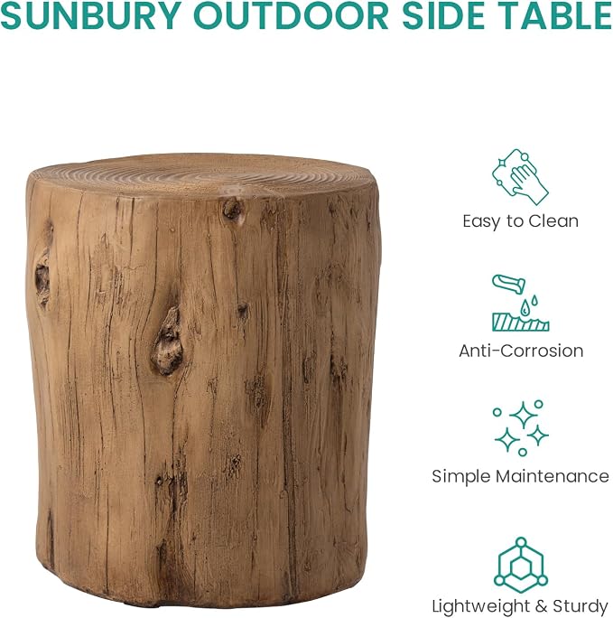 SUNBURY Outdoor Side Table Set of 2, Tree Stump Side Table Light Oak Colored Faux Wood, Wood Stump Stool, Ottoman or Plant Stand, Deck or Garden