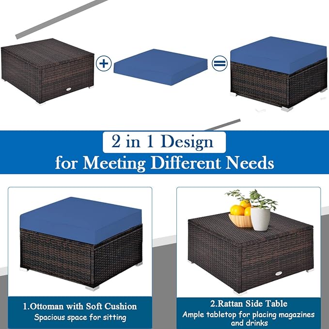 DORTALA 5 Pieces Patio Rattan Furniture Sets, Sectional Sofa Conversation Set w/Steel Frame & Sponge Cushions, Modern Wicker Combination Sofa Set w/Ottoman & Table for Garden Lawn Balcony, Navy