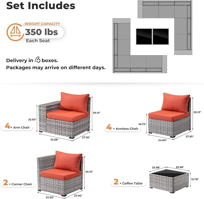 ovios 12 Pieces Patio Furniture Set, Outdoor Wicker Sectional Sofa with Coffee Table Comfy Cushions, Modern Modular Deep Seat Couch Rattan Conversation Set, Orange Red
