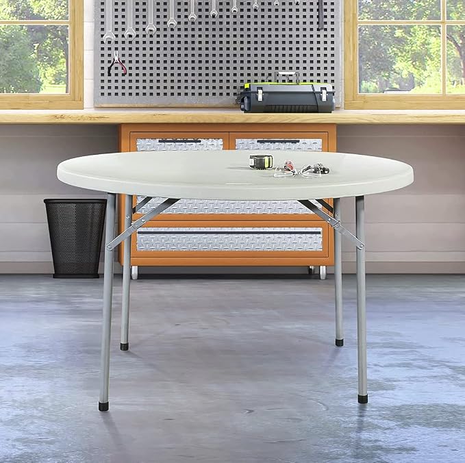 PRO&Family 4' / 48 inches / 4 Foot / 120 cm / 4 ft White Round Folding Table White Granite Outdoor Table 4 Ft Card Table Round Classroom Tables Plastic Circle Table Round Fold Up Table Card Table