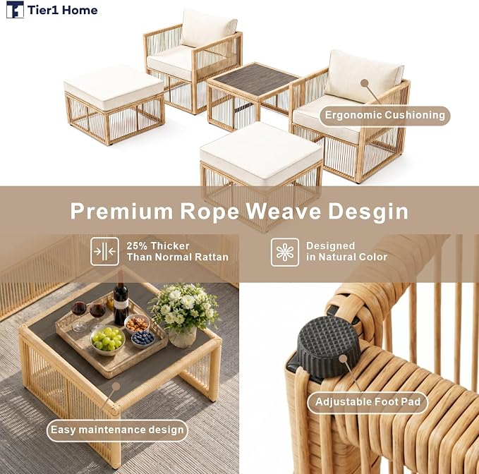 5 Piece Patio Furniture Set, Outdoor Sectional Sofa Set with 2 Ottomans, Coffee Table, Washable Cushions, All Weather Patio Wicker Conversation Set with Arm Chairs for Backyard, Porch, Balcony, Deck