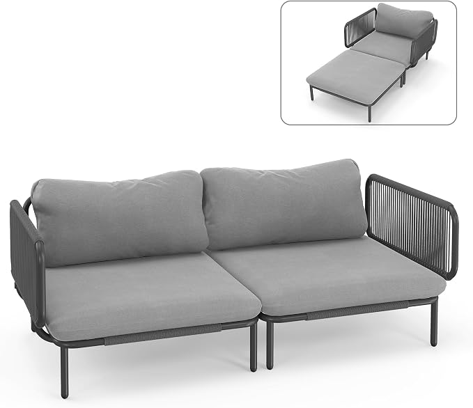 Patio Furniture Set, Outdoor Patio Furniture Oversized Metal Patio Sectional Sofa, 2-Seat Conversation Set with Cushion for Indoor and Outdoor, Black Frame & Dark Grey Mat (2 Seats 4 Armrests)