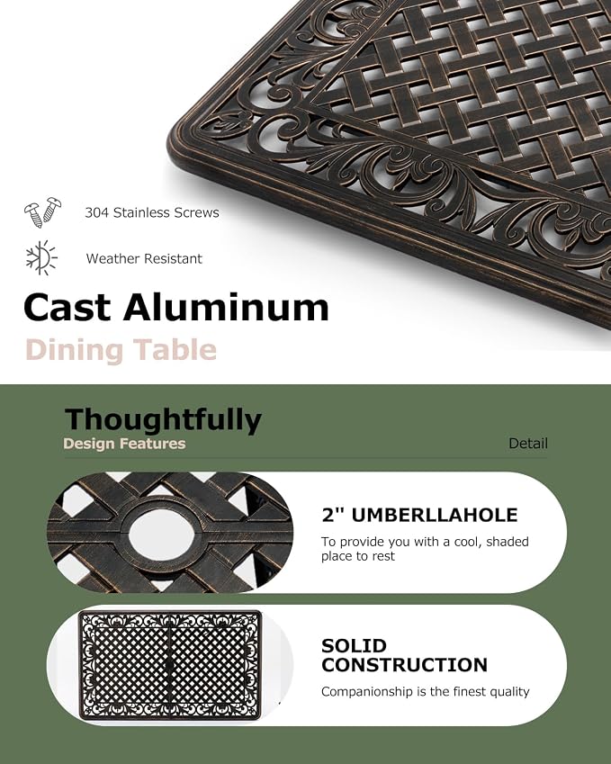 7 Piece Cast Aluminum Outdoor Dining Set, Retro Patio Dining Furniture Set for 6 Includes 59” Rectangular Table 6 Lattice Chairs with Thicker Cushions and Umbrella Hole for Porch Poolside Garden