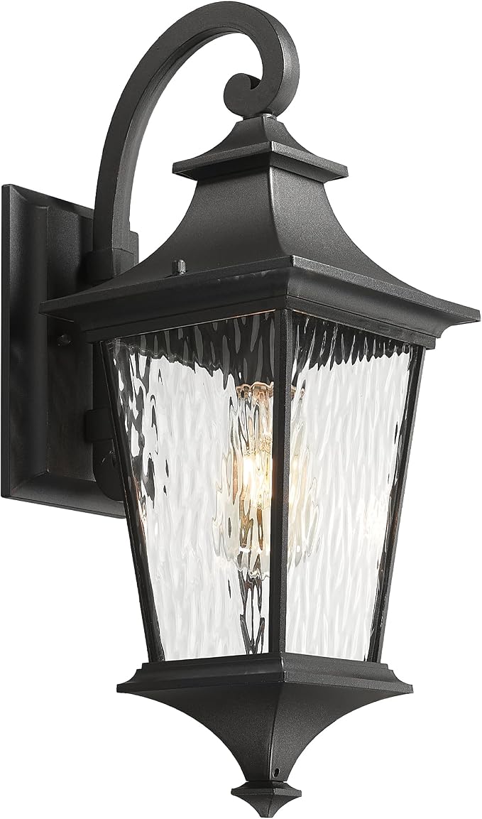 Emliviar Modern Outdoor Porch Light, 21.1 Inch Black Finish Classic Outside Wall Light with Water Ripple Glass, Outdoor Wall Mount Lighting for Entryway and Garage, XE292BM-SW BK