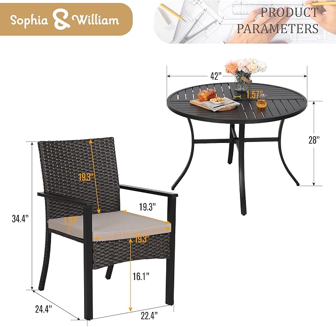 Sophia & William 5 Pieces Round Patio Dining Set for 4, 42" Diam Round Outdoor Table with Umbrella Hole, 4 Rattan Chairs with Cushion, All Weather Patio Table and Chairs Set for Outside