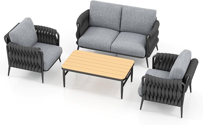 Jocoevol Patio Furniture Set, 4-Seat Outdoor Sofa Furniture Deep Seating with Coffee Table, Metal Patio Conversation Sets with Waterproof & Extra-Thick Cushions for Garden, Poolside, Backyard