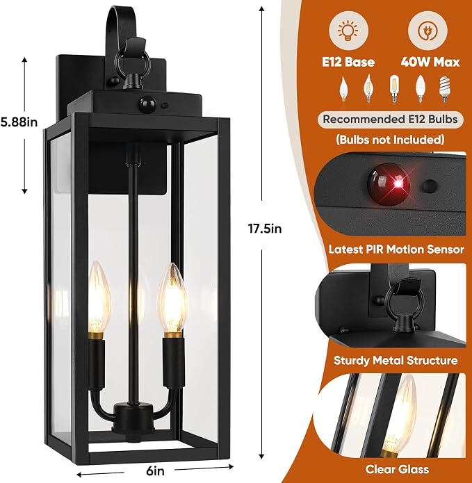 BesLowe 2-Pack 17.5" Upgraded Motion Sensor Outdoor Wall Lights, Black | Auto ON/OFF, 3 Lighting Modes, Waterproof, Rust-Resistant, Durable Metal with Clear Glass, Dual E12 Sockets, Easy to Install