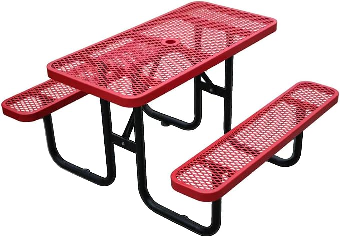 4ft Rectangular Picnic Table – Heavy-Duty Metal Mesh Outdoor Dining Table, Thermoplastic Coated Steel, Outdoor Living, Parks & Schools (red)