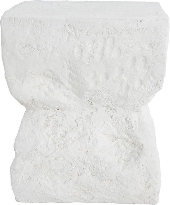 Christopher Knight Home Nataly 18.5" H Small Outdoor Side Table, Hourglass-Like Shape Carved Garden Stool, Lightweight Concrete End Table, Patio Decorative Home Stool for Balcony Backyard, White