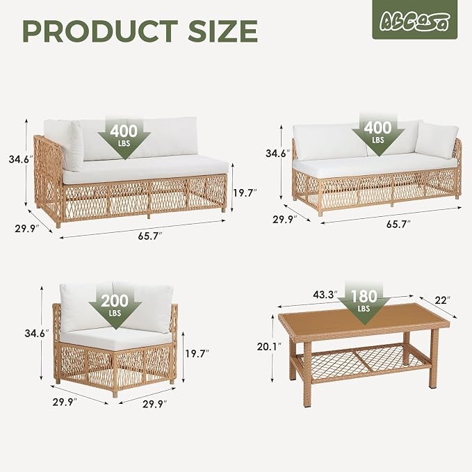 ABCASA Outdoor Patio Sectional Furniture Set with Waterproof Cover, Oversized Wicker Outdoor Furniture Set w/Water-Resistant Fabric & Thick Cushion, L Shaped Patio Conversation Set for Pool Yard,Beige