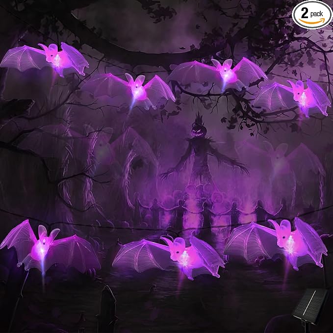 Halloween Decorations Outdoor 3D Flying Bats Solar String Lights | 15LED Bat String Lights, Halloween Garden Lights with 8 Lighting Modes, Light up Hanging Bats for Yard,Fence,Rail,Porch Decor