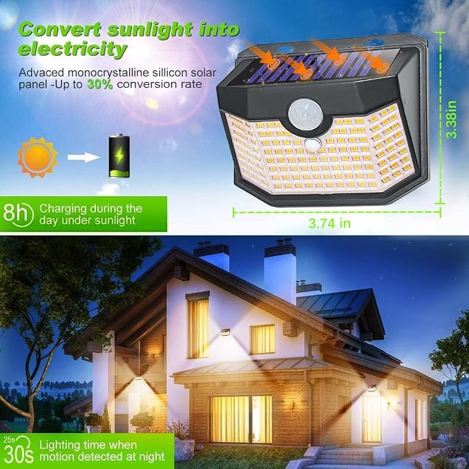 HMCITY 120 LED Outdoor Solar Lights- with Motion Sensor and 3 Lighting Modes, IP65 Waterproof Wide Solar Wall Lights Ideal for Garden Patio Yard (Front Button 6Packs, Black Shell-Warm White)