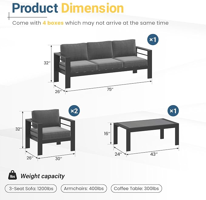Wisteria Lane Aluminum Outdoor Patio Furniture Set, Oversized Patio Conversation Sets with Deep Seating and Wide Armrest, Outdoor Sectional Metal Sofa with 5 Inch Cushion and Coffee Table, Dark Grey