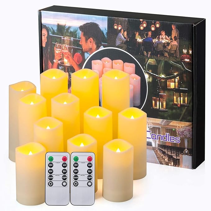YOROXRG 12 Pack Flameless Candles Battery Operated Waterproof Led Candles (D:2.2" X H:4" 5" 6" 7") Candles with 2 Remotes Contro for Wedding, Party, Birthday