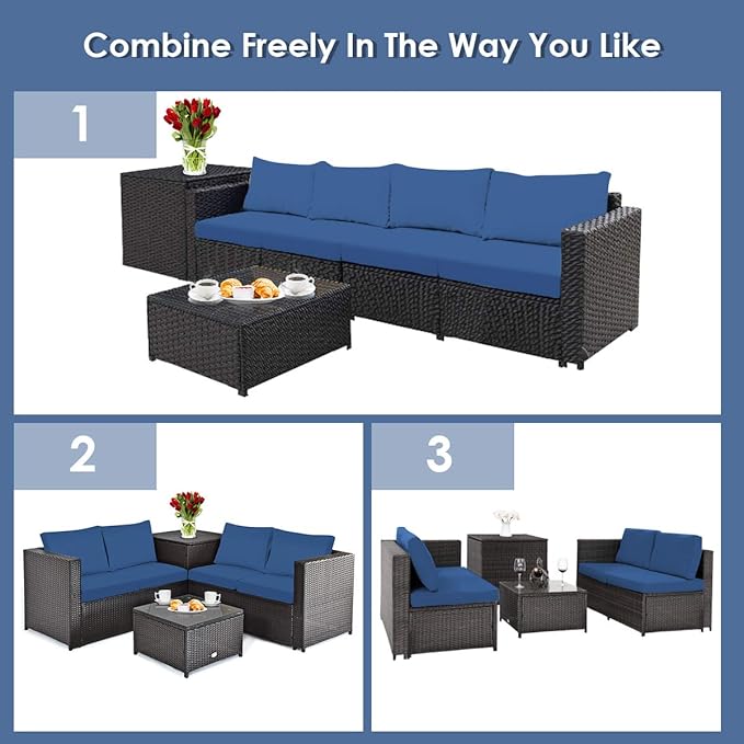 DORTALA 8 Pieces Outdoor Patio Furniture Set, Weather Resistant PE Rattan Conversation Set with 2 Loveseats, Outdoor Sectional Sofa Set with Comfy Cushions for Garden and Poolside, Navy