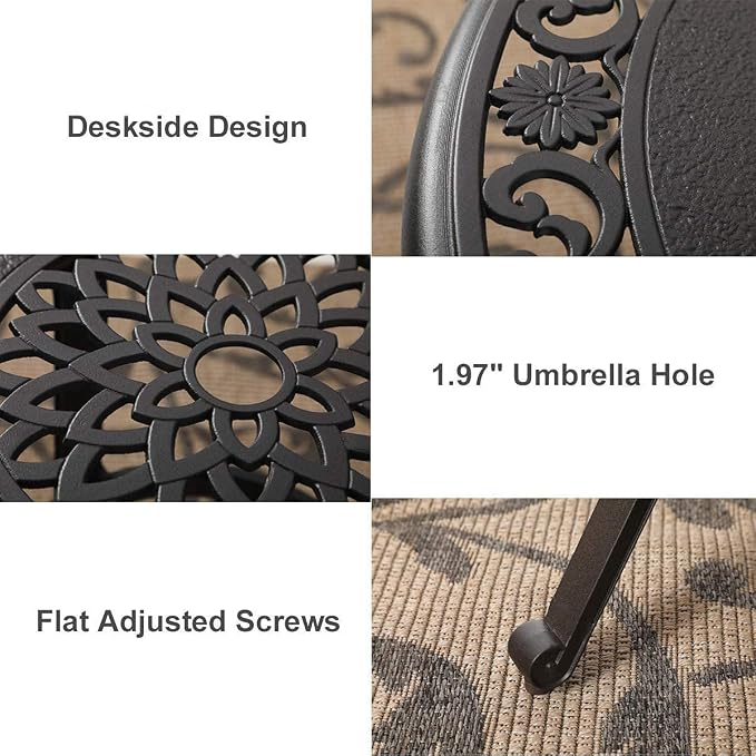 MFSTUDIO Cast Aluminum Patio Bistro Table, Small Patio Table with Umbrella Hole, Outdoor Round High Top Table, 32'' End Side Table for Lawn, Garden, Brown