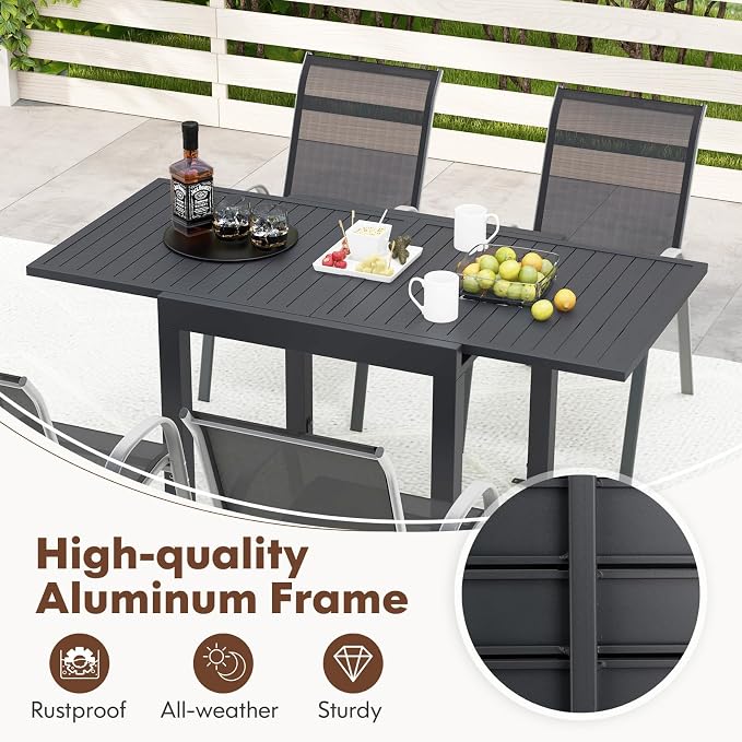 Tangkula 31.5"-63" Extendable Patio Dining Table, Aluminum Outdoor Dining Table for 4-6 People, L-Shaped Brace Included for Fixation, Space-Saving Outside Table for Garden, Porch, Poolside, Dark Grey
