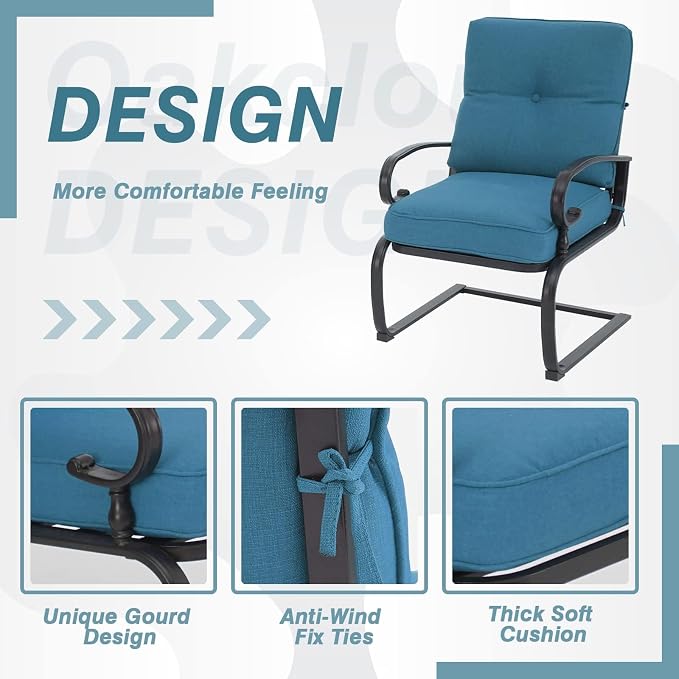 Oakcloud 8Pcs Metal Outdoor Furniture Patio Conversation Set (4 Spring Chairs, Loveseat, Bistro Table, 2 Coffee Tables) - Wrought Iron Patio Chair Set with Cushions (Blue)
