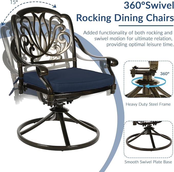9-Piece Patio Cast Aluminum Dining Set, 8 Person Outdoor Dining Furniture Set, Includes 8 Swivel Dining Chairs and 61" Large Round Dining Table w/ 31" Lazy Susan, Umbrella Hole, Navy Blue