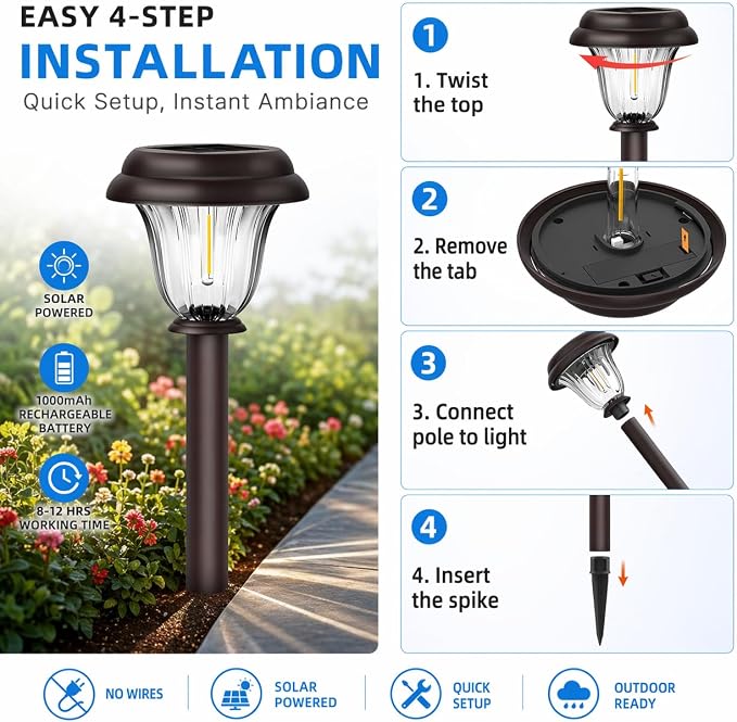 DERAYSION 8 Pack Solar Lights Outdoor, Stainless Steel Glass Solar Pathway Lights, Auto On/Off Long-Lasting Waterproof Garden Lights for Landscape, Path, Yard, Driveway, Walkway Decor (Warm White)