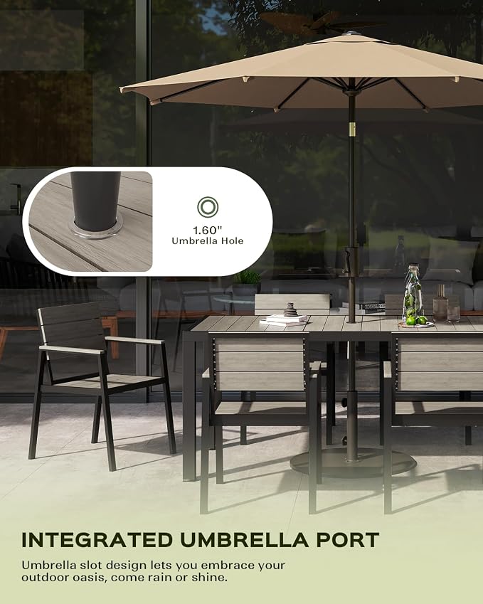 Vexwalx 67" HDPS Outdoor Patio Dining Table, Aluminum-Edged Outdoor Dining Table with Umbrella Hole, Weather-Resistant for Lawn, Garden, Poolside and Indoor Use, Gray