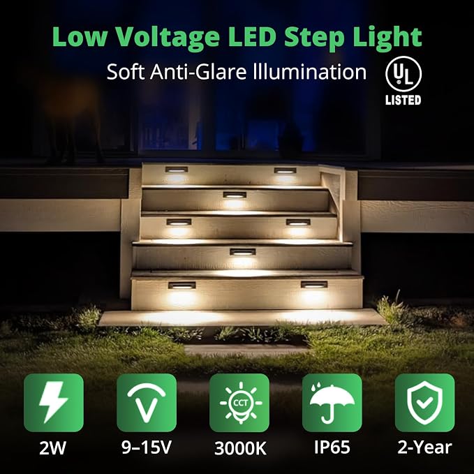 6 Pack LED Low Voltage Linear Step Lights, Landscape Cutoff Stair Riser Light, 2W 9-15V AC/DC 3000K Outdoor Waterproof Accent Lighting Fixtures, Die-cast Aluminum, Black Powder Coated Finish