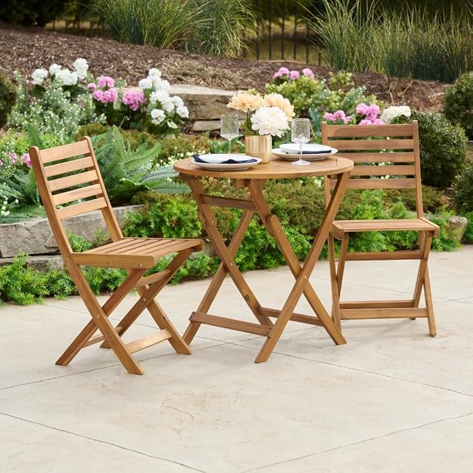 Patio Wise Folding Outdoor Patio Table, Round Foldable Acacia Wood Deck Bistro Bar, Portable Apartment, Balcony, Railing & Porch Furniture, 27 1/2-inch Diameter, Teak Color