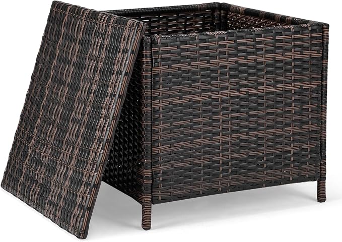 Outdoor Wicker Storage Side Table, Patio Brown PE Rattan End Table with Storage, Square Container for Furniture Covers, Toys, and Gardening Tools (Brown)